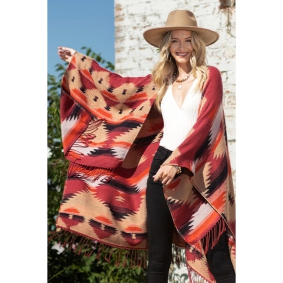 Red Rock Western Ethnic Oversized Knit Ruana Fringe Wrap Open Poncho Fall Casual - Picture 7 of 7